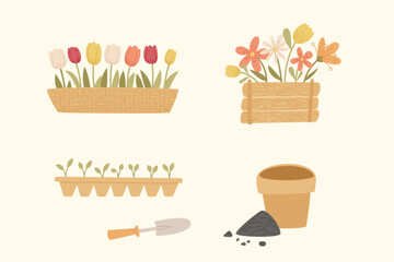 Spring gardening illustration set with flower boxes seedling tray plant pot soil and garden tools