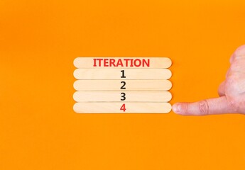 Time to iteration 4 symbol. Concept word Iteration 1 2 3 4 on beautiful wooden sticks. Businessman's hand. Beautiful orange background. Business planning and time to iteration 4 concept. Copy space.
