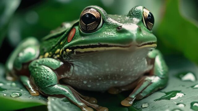 A close-up of a frog with striking green color and yellow spots perched on a leaf with dewdrops.