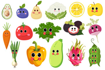 A collection of cute fruits and vegetables with smiling faces, perfect for children's designs, healthy eating themes, or fun illustrations.