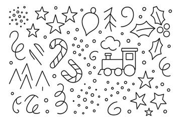 Colorful holiday-themed doodles including a train, candy canes, and stars in a fun winter design