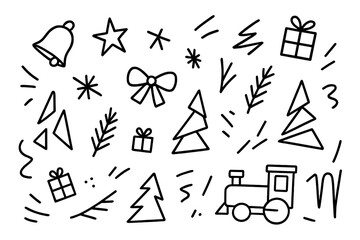 Holiday-themed doodles featuring Christmas trees, gifts, stars, and a train in simple black line art