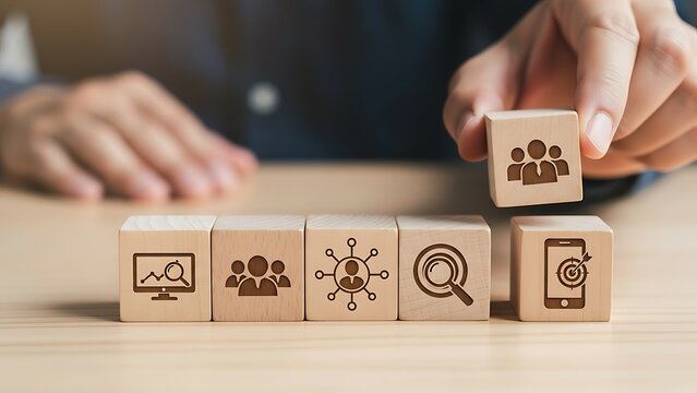 A person arranging wooden blocks with various business and technology icons on a desk in a professional setting with a blurred background - Powered by Adobe