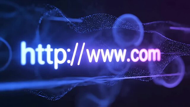 A glowing "http://www.com" URL on a dark, abstract background with blue and purple light effects, symbolizing internet connectivity.