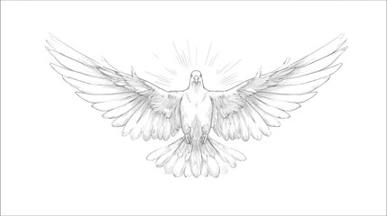 Obraz premium Detailed pencil drawing of a flying white dove with open wings and radiant light, symbolizing peace, freedom, and hope.