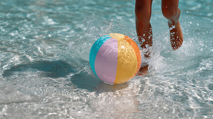 Beach Fun Child Playing with Colorful Beach Ball in Shallow Water, Summer