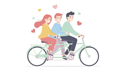 Fototapeta premium Joyful Ride: A group of three friends joyfully pedals a tandem bicycle, surrounded by floating hearts, celebrating camaraderie and shared adventure.