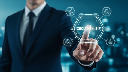 Businessman interacting with futuristic digital interface in a modern cityscape