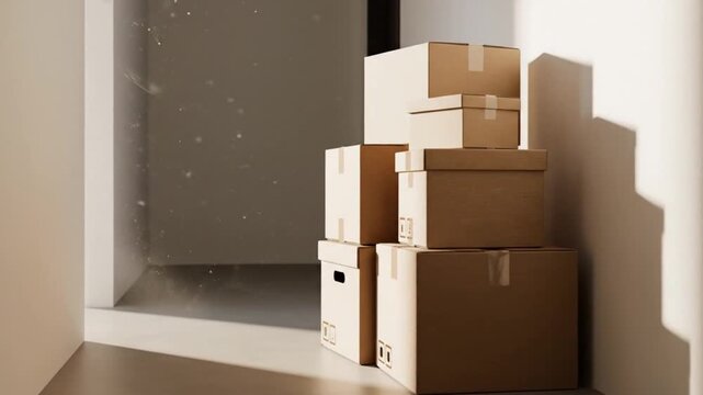 Cardboard boxes stacked in hallway with natural light streaming in  