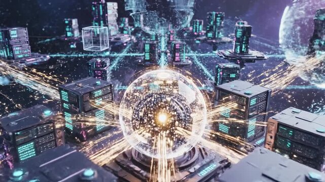 Conceptual illustration of servers, data flow, and globe nodes symbolizing a blockchain or metaverse network and digital technology.