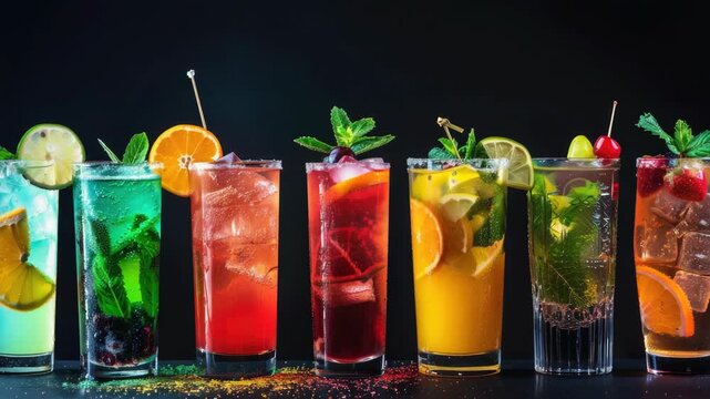 A row of colorful drinks with a cherry on top. The drinks are in a row and are all different colors