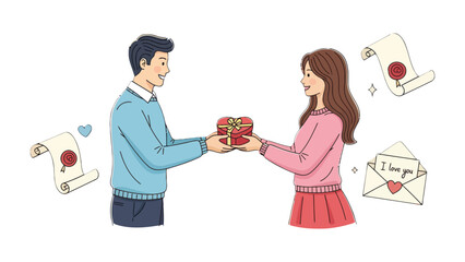 Heartfelt Gift: A loving gesture between a couple, a romantic gift exchange filled with affection and romance. Expressing love through presents and letters.