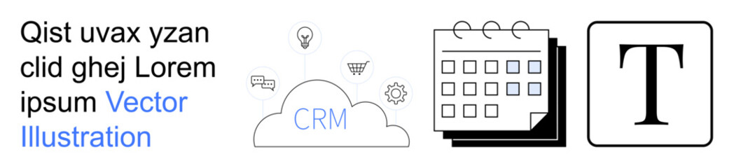 Business planning, workflow, CRM systems, scheduling, data management, text editing. Cloud with CRM text, calendar icon and typography block. CRM systems and workflow management ideas © robu_s