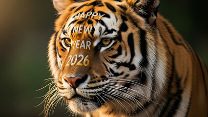 Fototapeta premium Majestic Tiger Portrait with Happy New Year 2026 Text