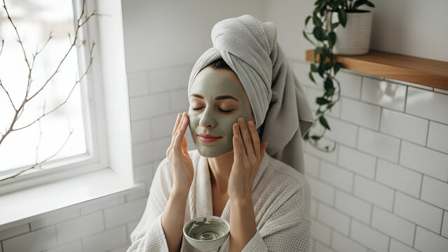 Woman applying clay face mask - Powered by Adobe