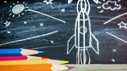 Video A blackboard with a colorful of a rocket, great for educational or inspirational purposes