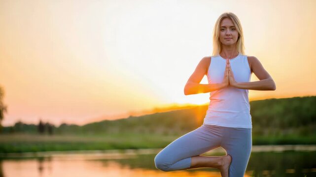 Yoga practice during sunrise outdoors, serene meditative landscape, tree pose balance fitness, morning wellness routine connection, peaceful mindfulness exercise natural backdrop