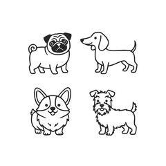 Cute Dog Outline Vector Set: Cartoon Line Art of Popular Breeds - Pug, Dachshund, Corgi, and Schnauzer. Kawaii Style Clipart for Stickers, T-Shirts, and Digital Crafts