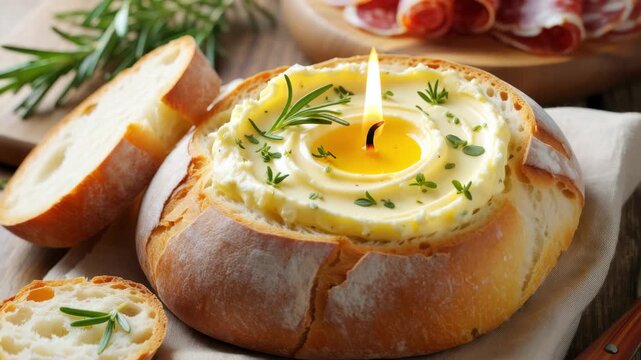 Butter candles for bread dipping, edible butter candles with melted garlic herb, warm glow on artisan bread, rustic table styling, hosting a cozy brunch, savory ritual, tableside aroma