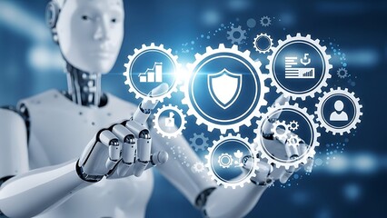 A futuristic robotic figure interacting with glowing digital icons representing cybersecurity data protection and artificial intelligence concepts in a technological interface