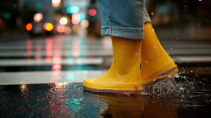 Rainy City Walk in Yellow Boots - Capturing Joyful Splashing Amidst Urban Reflections at