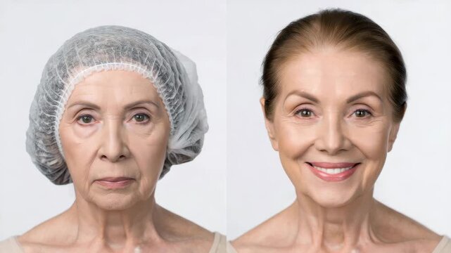 Before and after comparison of facelift treatment with botox and laser rejuvenation, mature woman face transformation, anti-aging cosmetic procedures, wrinkle removal, skin tightening result