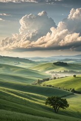 Fototapeta premium Rolling green hills under a dramatic sky with soft morning mist
