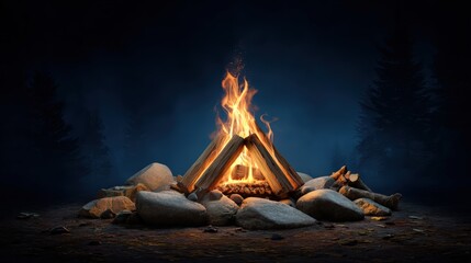 Adventure campfire blaze in dark forest setting with bright flames and rustic charm for outdoor evening gatherings