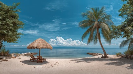 Tranquil beachfront paradise with palm trees and ocean view for relaxation and adventure