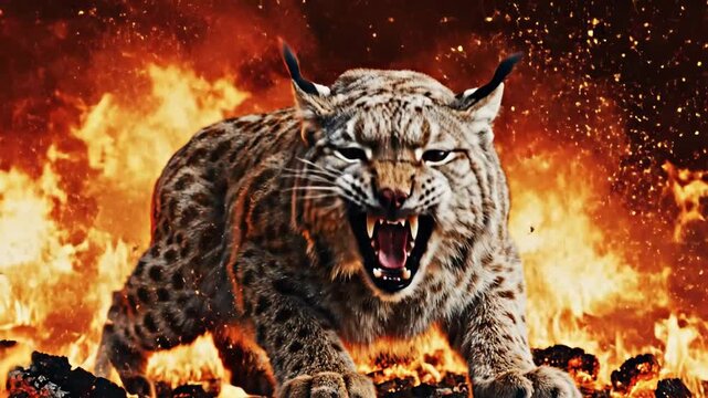 A snarling bobcat with sharp teeth is set against a fiery, hellish background.