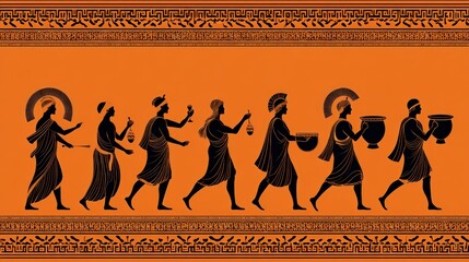 Ancient greek black figure pottery style illustration with procession of figures