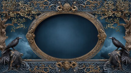 Ancient norse mythology inspired decorative frame design with ravens and trees