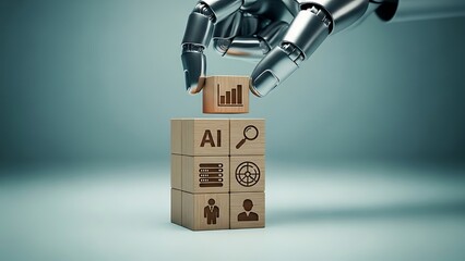 Robot placing a block on top of a stack of wooden blocks with ai and data analysis symbols