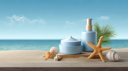 Antiaging skincare products on beach background with beauty essentials for summer relaxation and ocean vibes