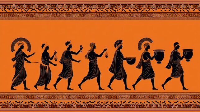 Ancient greek black figure pottery style illustration with procession of figures