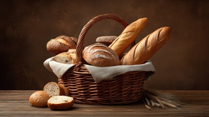 Artisan baguette and bread basket display for rustic breakfast setting or bakery design