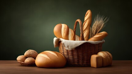 Artisan baguette and bread selection in wicker basket for breakfast display or bakery decor