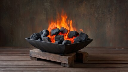 Glowing charcoal in black barbecue pit with bright blaze on rustic ash background