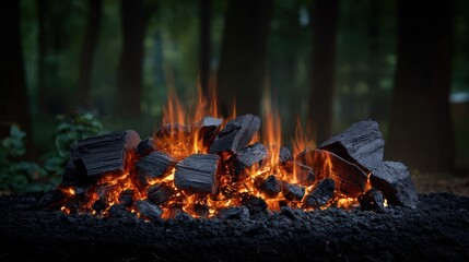 Glowing charcoal embers and bright flames in forest setting for outdoor cooking or campfires