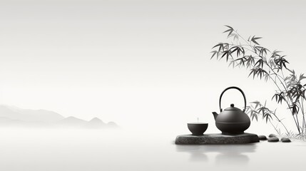 Black and white japanese ink painting of traditional tea ceremony with bamboo and mountains
