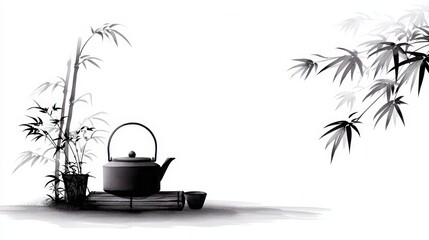Black and white japanese ink painting of traditional tea ceremony with bamboo elements