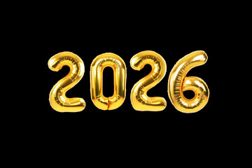 The year 2026 written in bright, shiny, golden foil balloon numerals isolated on a dramatic black background. Perfect for New Year's Eve, celebration, or future planning concepts.