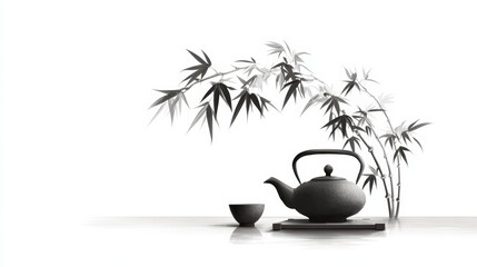 Black and white japanese ink painting of traditional tea ceremony with bamboo theme for decorative art and design