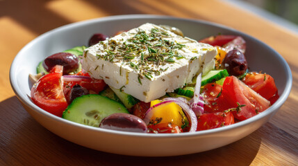 fresh greek salad with feta, olives, and vegetables in sunny lighting