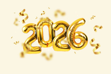Luxurious golden balloon numbers 2026 floating on a light background with flying confetti and...