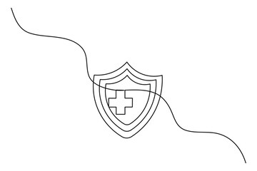 One line medical shield and stethoscope minimalist vector art
