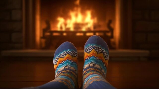 Cozy Winter Evening: Knitted Socks Warming by Fireplace with Patterned Design