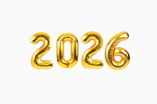 Bright, metallic gold balloon numbers spelling out the year 2026. A visually striking image ideal for themes of celebration, holidays, New Year's Eve, anniversaries, or future-focused marketing