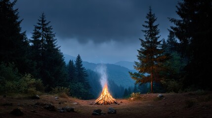 Peaceful night forest scene with burning campfire under dark sky