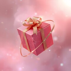 Fototapeta premium Enchanted red gift box with glowing ribbon suspended in dreamy light